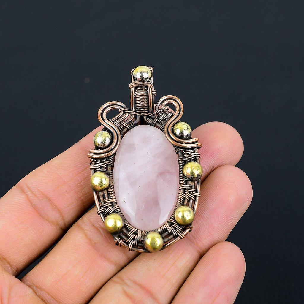 Rose Quartz Gemstone Pure Copper Wire Wrapped Handmade Pendant Jewelry Gift