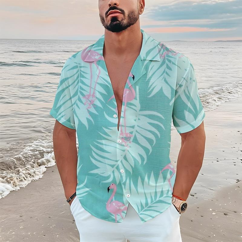 TEMU European and American popular Flamingo series 1D printing summer casual lapel button-down shirt short sleeve