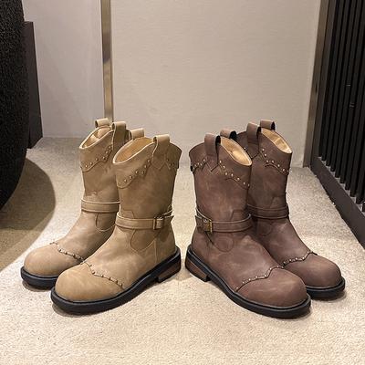 Ретро пряжка ремня западные ковбойские сапоги 2025 осень и зима новые рыцарские сапоги женские толстый каблук толстая подошва короткие ботинки Мартин женские
