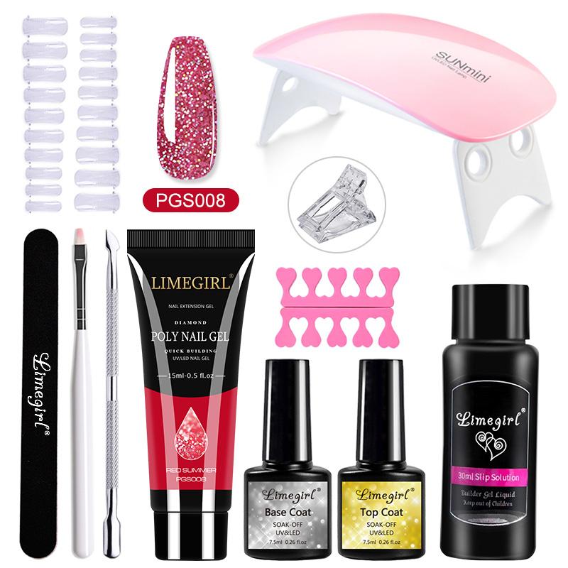 Набор полигелей для ногтей Limegirl Поли УФ-гель Прозрачный/Розовый акрил Быстро наращиваемый наращивание пальцев Набор инструментов для ногтей с отмачиваемым УФ-гелем-лаком