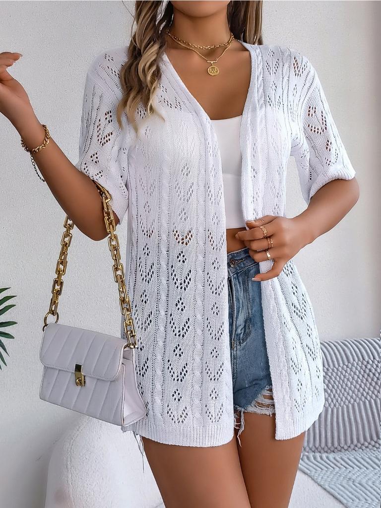 2024 Summer Woman White Hollow Short Sleeved Knitted Cardigan Vacation Sun Protection Shirt