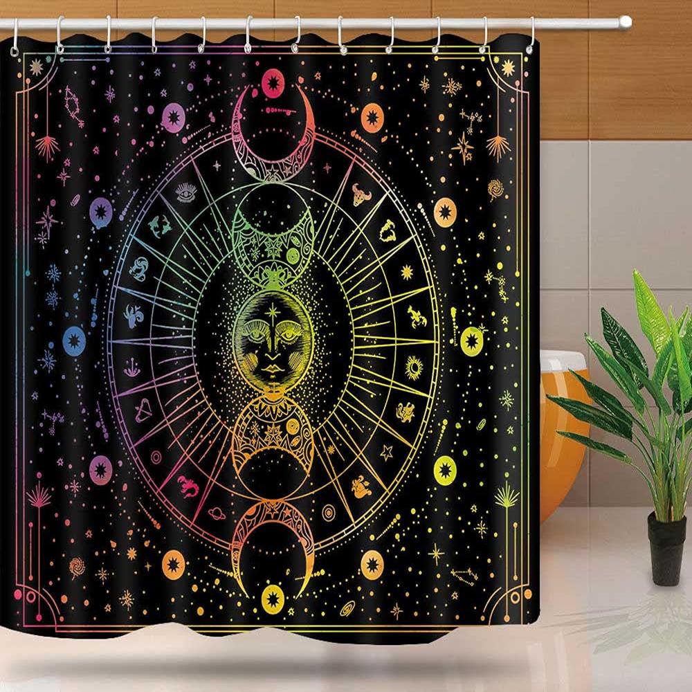 Mandala Celestial Shower Curtain Boho Moon Star Black And White Waterproof Polyester Fabric Bathroom Curtains Home Decor Hooks
