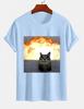 2026 New Cotton Tshirt With Explosion Background Calm Cool Cat Fun Emoji Print Casual Short Sleeve