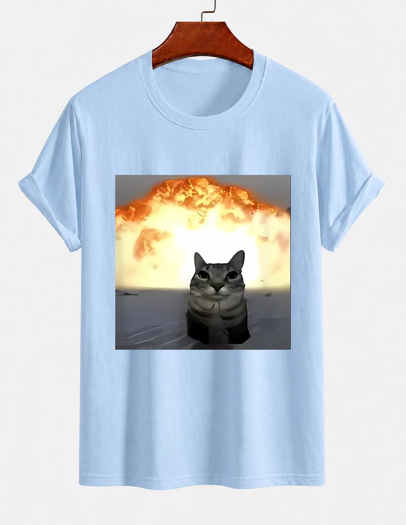 2026 New Cotton Tshirt With Explosion Background Calm Cool Cat Fun Emoji Print Casual Short Sleeve