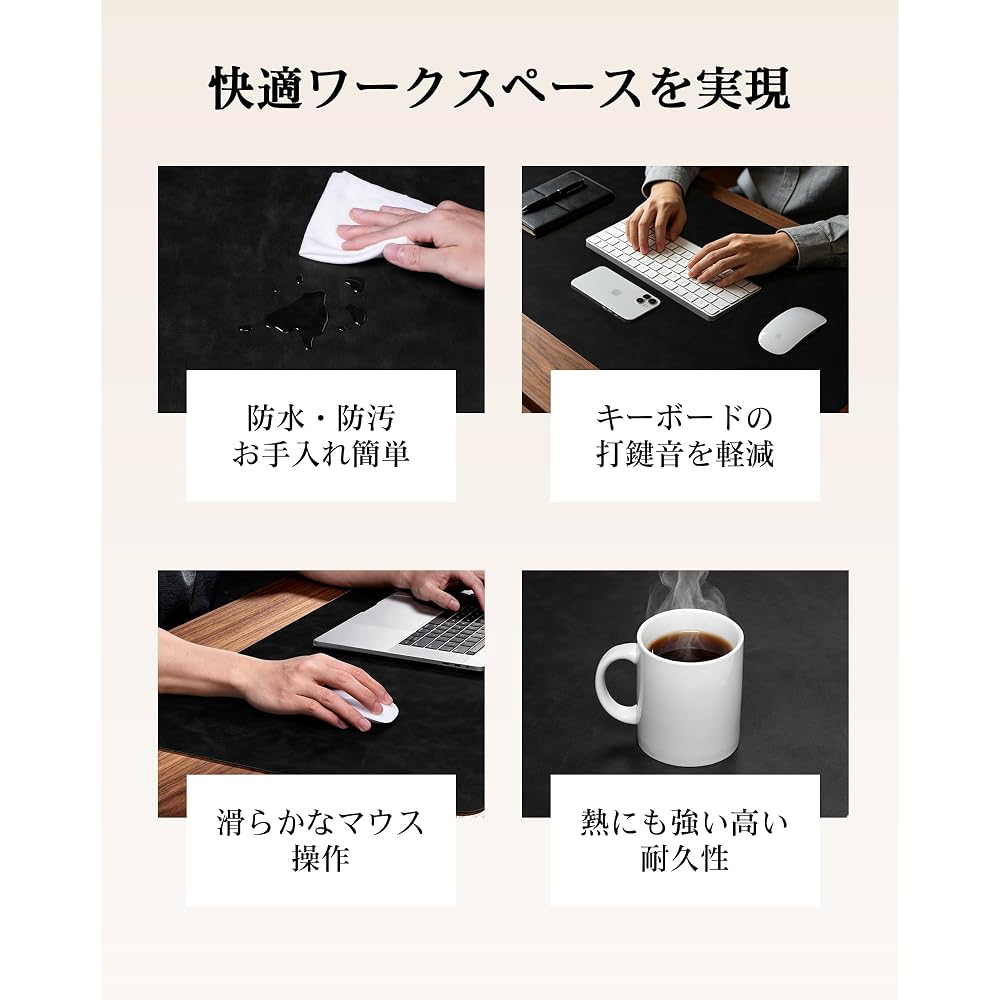 YSAGi Desk Mat, PU Leather, Large Mouse Pad, Non-Slip, Desk Cover, for Office/Home Use, Black, 100