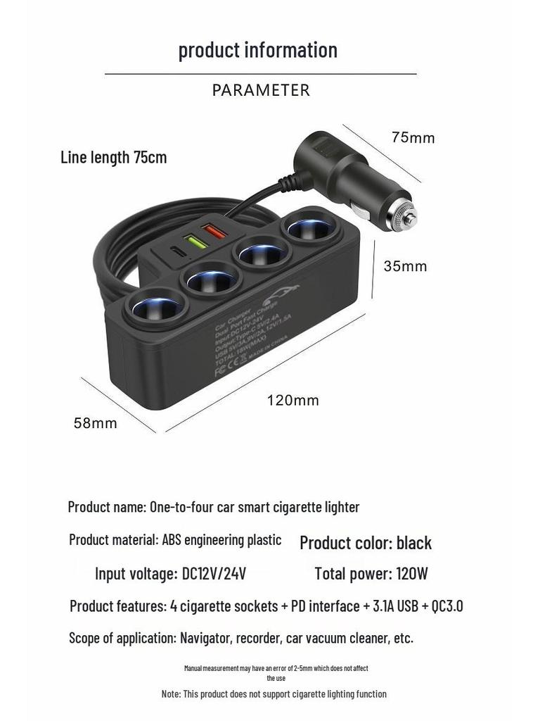 Multifunctional 4-Port Car Charger with QC3.0, USB, and PD Fast Charging (12V/24V Universal)
