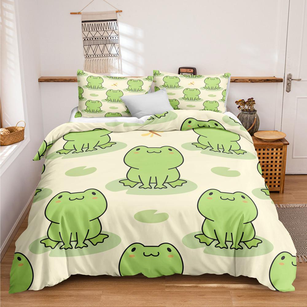 Animal Frogs Duvet Cover Set King Queen Size Green Lovely Cartoon Frog Bedding Set Kids Toad 2/3pcs Polyester Comforter Cover