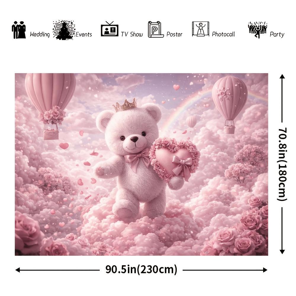 2D Flat Romantic Theme Party Banner Background: Pink Crown Teddy Bear Theme Made of Polyester Material