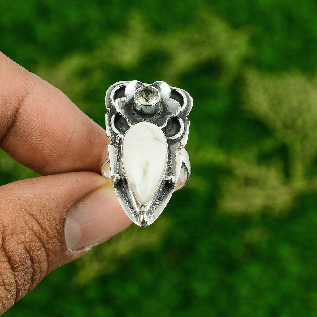 Birthday Gift For Her Natural Howlite Promise Flower Ring Size 6 925 Silver