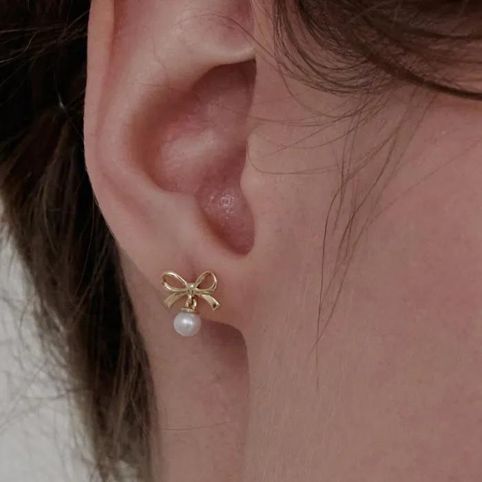 14k Ribbon Pearl Drop Stud Earrings