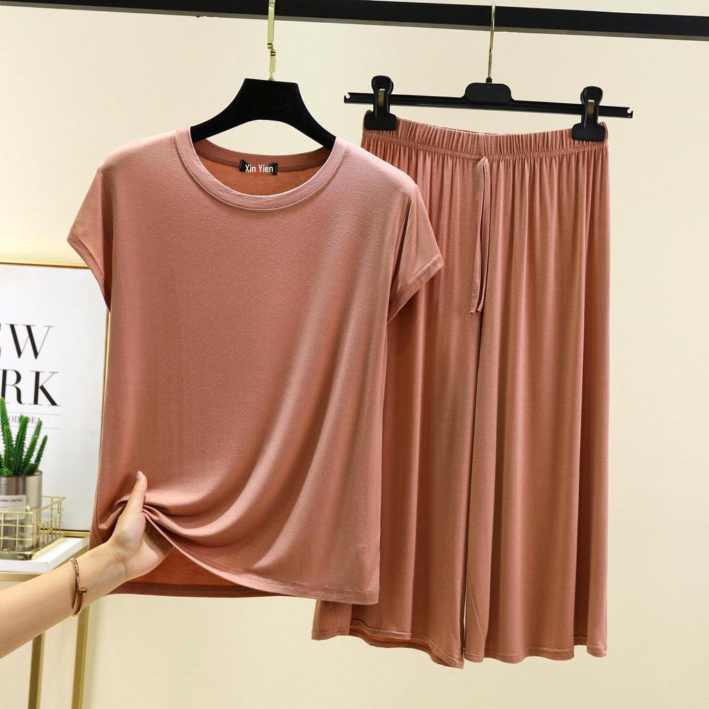 Женский повседневный комплект больших размеров из модала с коротким рукавом - Корейский стиль, брюки с широкими штанинами, двухпредметная домашняя одежда