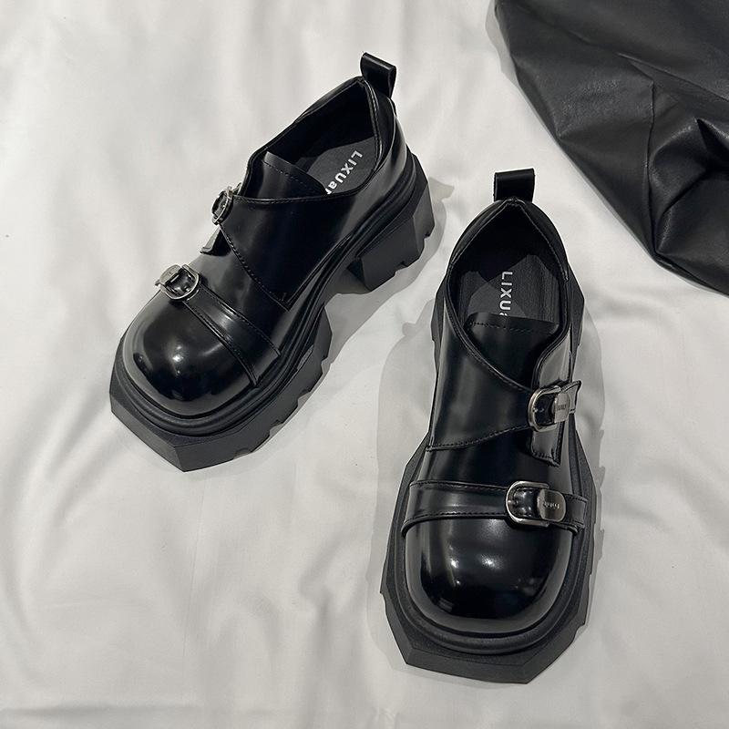 2025 весна новые британские туфли ретро мокасины с большой головкой женские туфли на толстом каблуке универсальные с юбкой маленькие кожаные туфли
