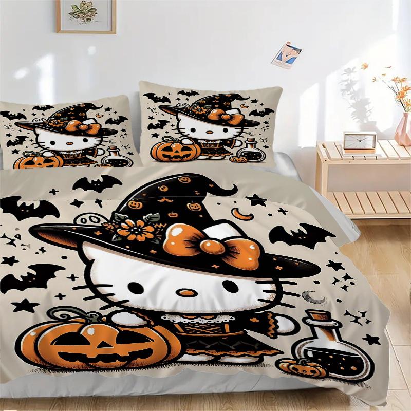 3pcs Witch Hello Kitty Printed Bedding Set, Soft and Comfortable Quilt Cover for Bedroom, Guest Room ( Not Included).H104