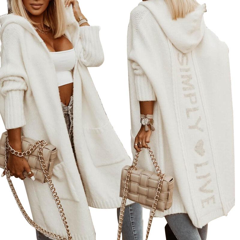 Осенне-зимнее новое свободное вязаное пальто-кардиган средней длины с капюшоном