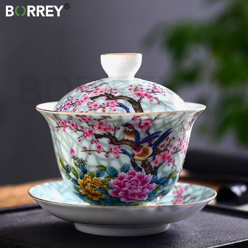 BORREY Китайский керамический чайный сервиз «Сорока Гайвань» Чай кунг-фу Белый фарфор Гай Ван Контур в блюдце Чайная посуда Церемониальное блюдо Чайная чашка