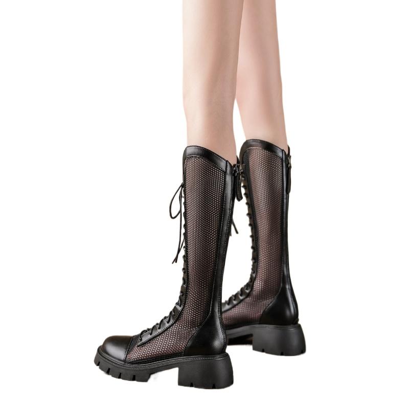 Fashion Women Summer Knee-high Mesh High Boots Female Breathable Platform Mesh Lace-up Knight Boots Thick Heel Hollow Long Knight Botas
