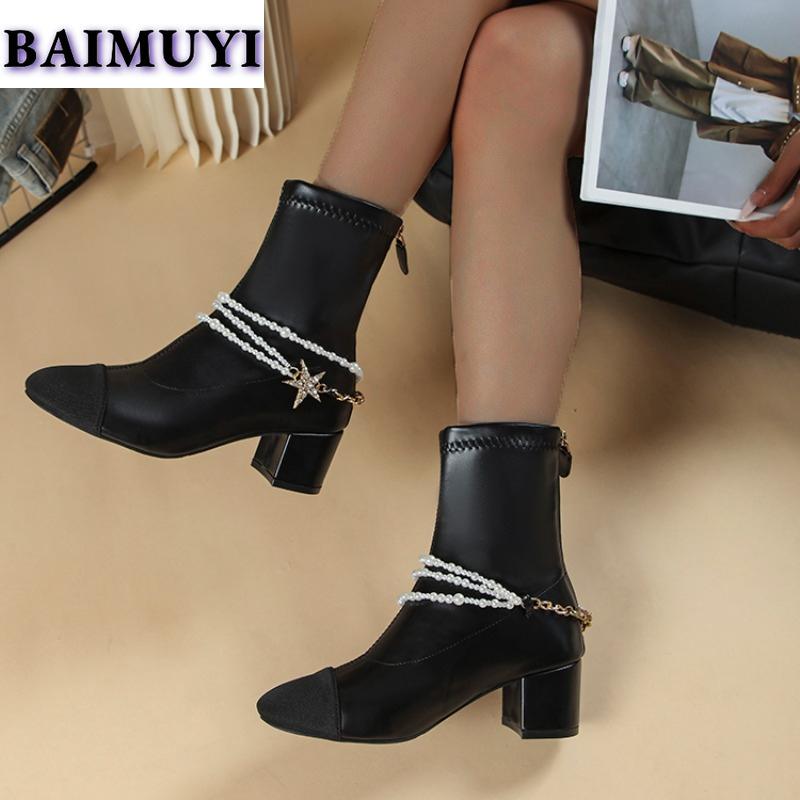 Элегантные женские ботильоны на высоком каблуке с бусинами, массивные туфли для вечеринок, 2025, трендовые зимние короткие плюшевые зимние туфли-лодочки Botas Mujer