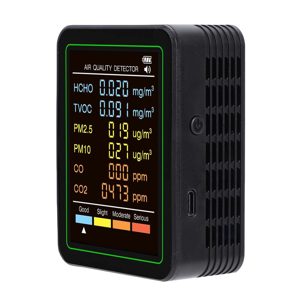 6-в-1 Монитор качества воздуха с обнаружением CO CO2 TVOC HCHO PM2.5 PM10, Инфракрасный датчик, Цветной ЖК-экран, Портативный, для дома