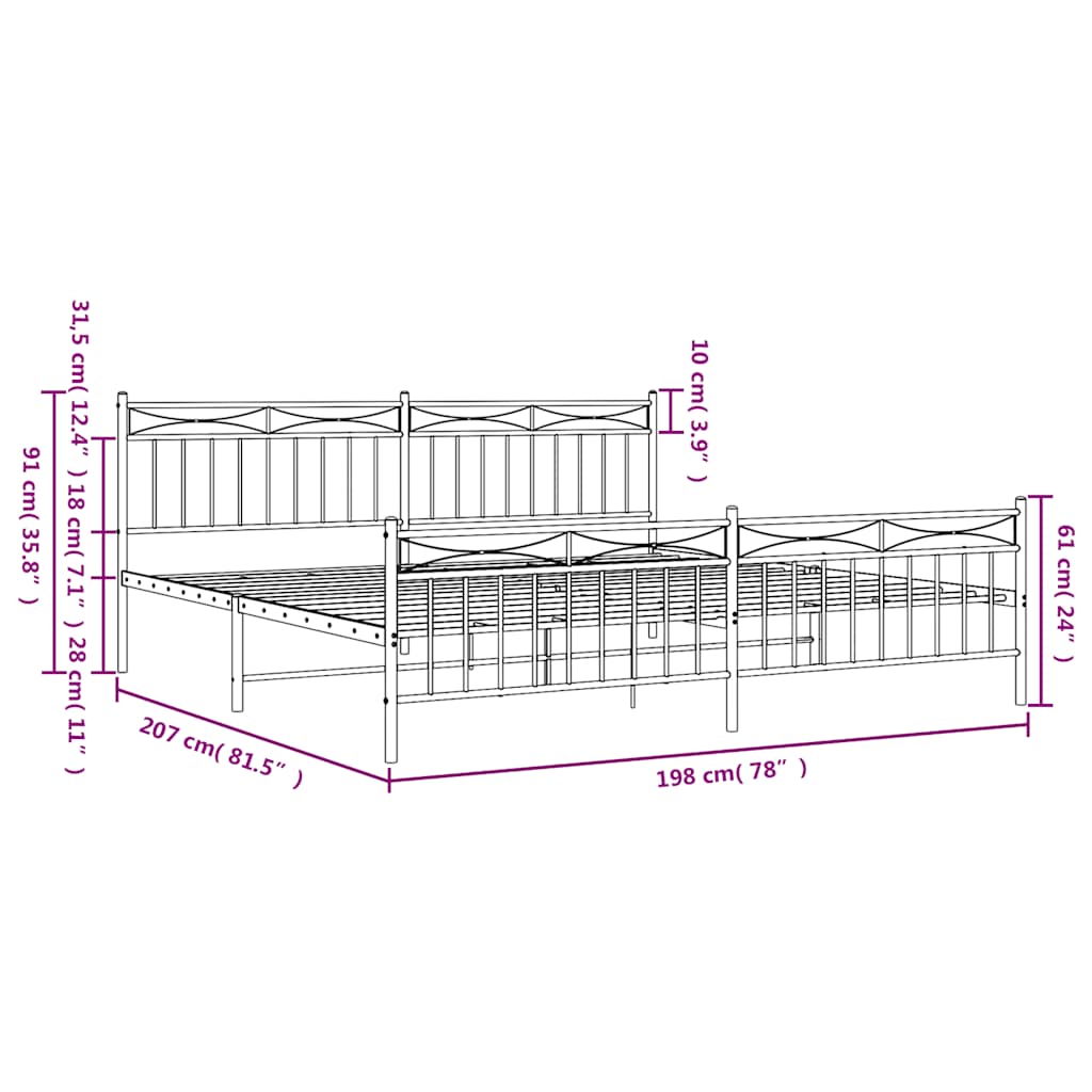 Metal Bed Frame with Headboard and Footboard White 193 x 203 cm