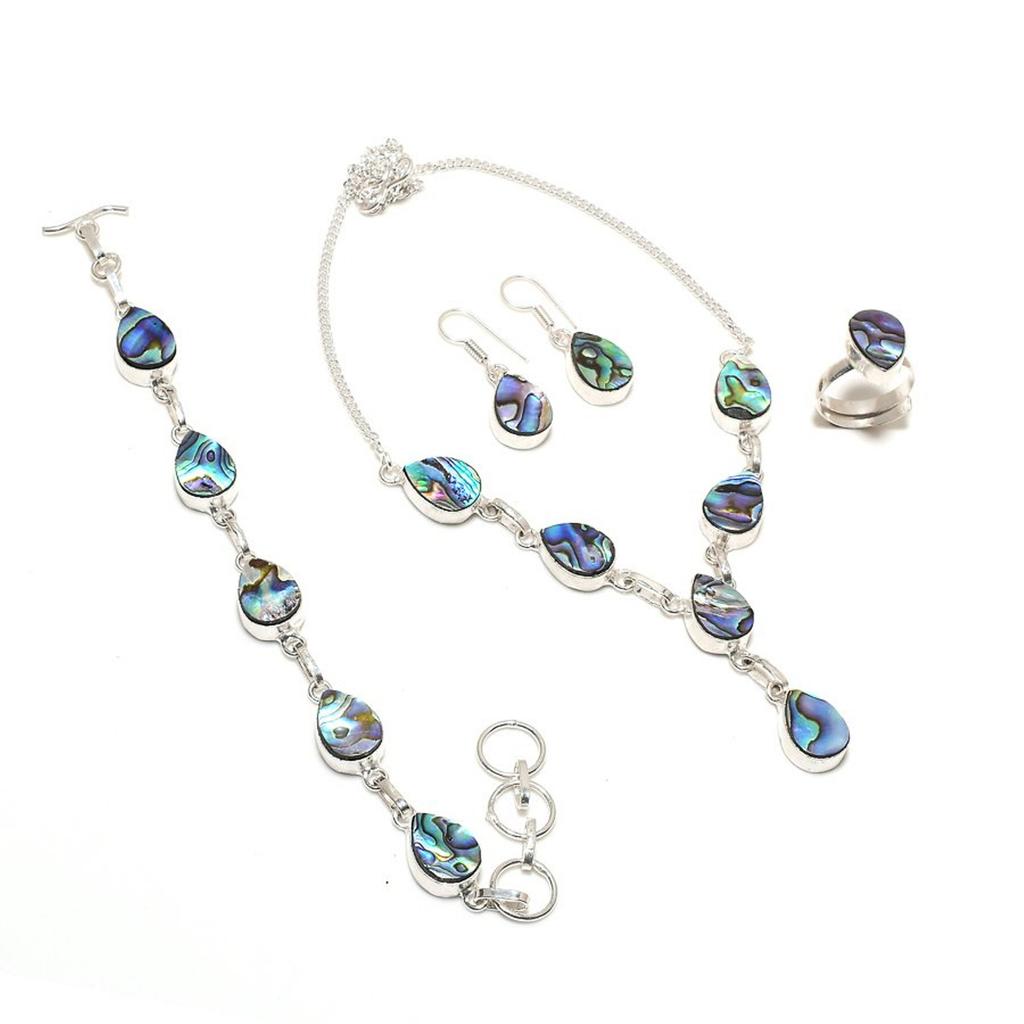 Abalone Shell Pear Shape Gemstone Jewelry Set Necklace Bracelet Ring EarringsSet