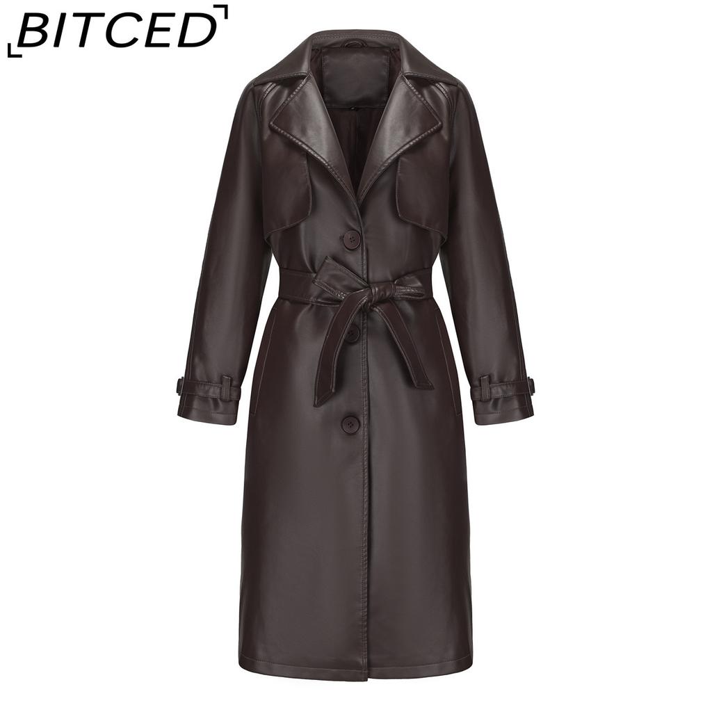 BITCED Spring/Autumn Women's Trench Coat - Long, Loose-Fit Jacket In PU Leather Classic Women's Collared Coat with Belt