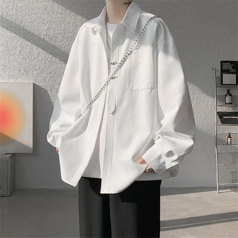Модные повседневные рубашки больших размеров для мужчин, весна-осень, однотонная свободная рубашка с длинным рукавом, мужская уличная одежда в стиле Харадзюку, белая черная блузка 5XL