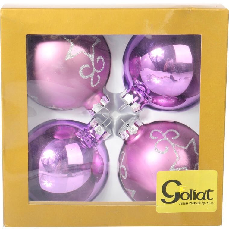 Set of 4 Elegant Glass Baubles 8cm in Purple - Two Matte, Two Decorated