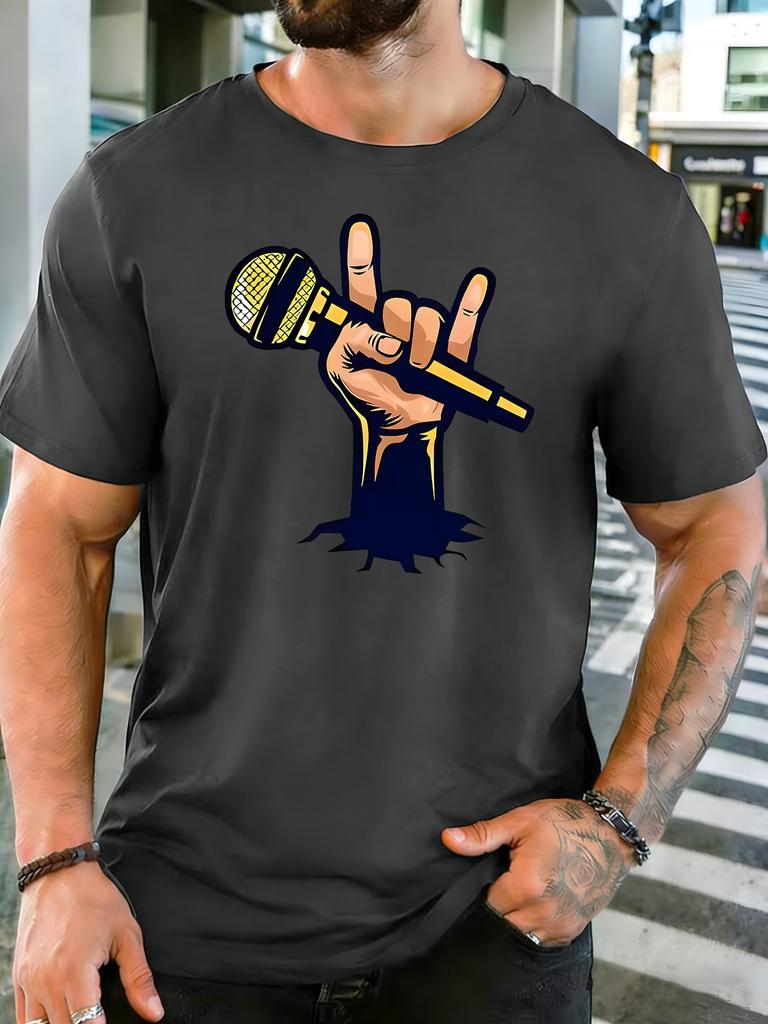 Rock Music Hand Microphone Graphic Unisexs Cotton Crew Neck Short Sleeve Tee Loose Casual Concert Daily Urban Street Wear Male Top