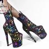 Short Boots Black Graffiti Women's Stiletto Boots Super High Heel Pole Dance Shoes