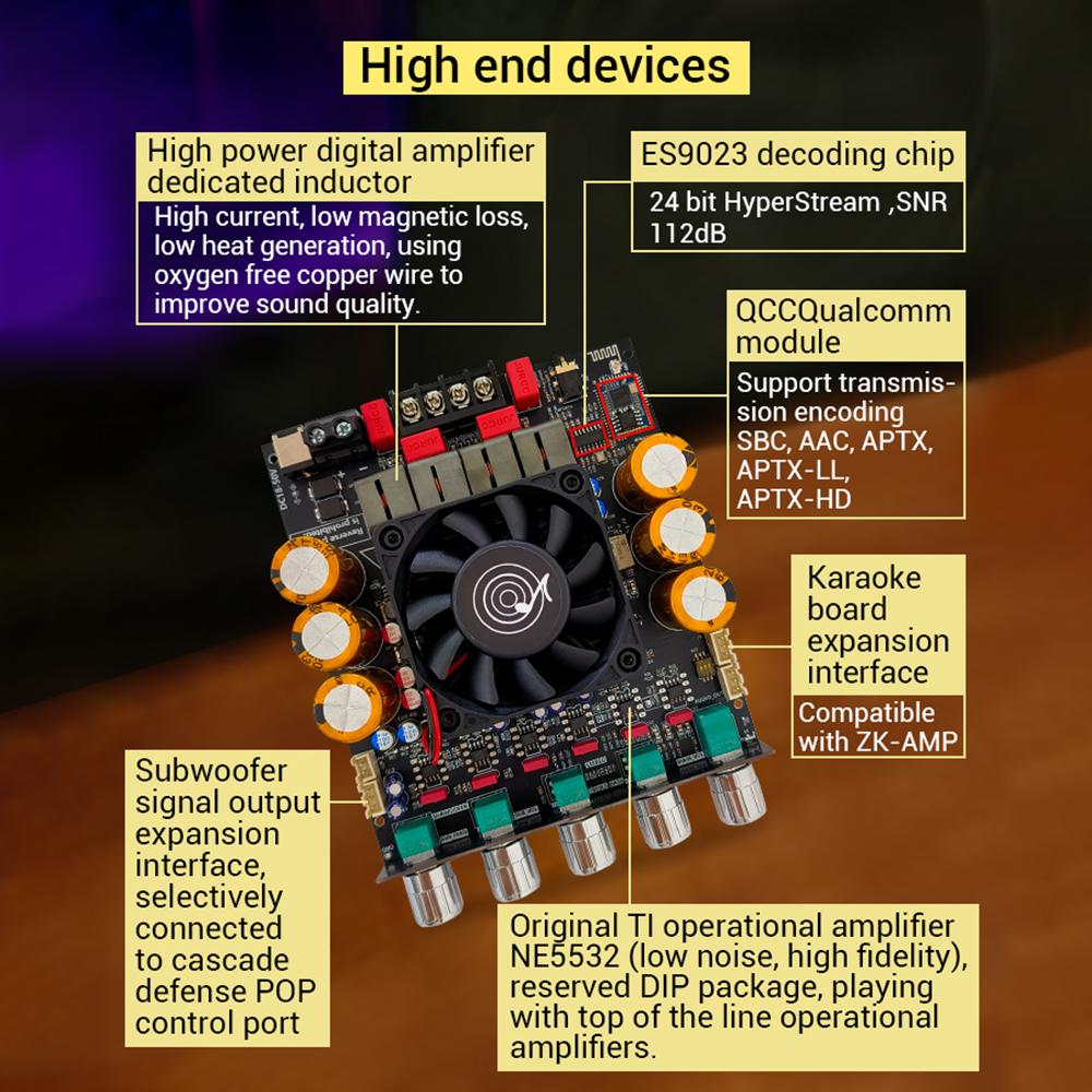Цифровой усилитель мощности ZK-SUB1200Q, версия Qualcomm APTX Qcc3034+Es9023, с расширением для сабвуфера, BT, DC 18-50V, 600 Вт * 2