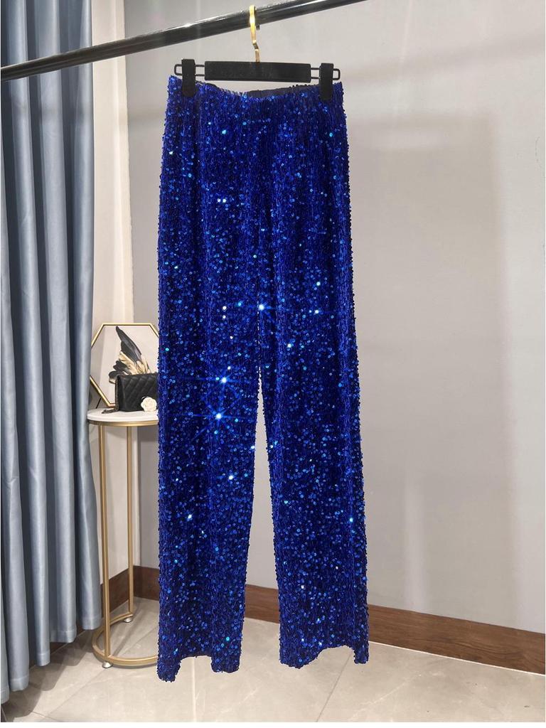 Women's Korean Velvet Sequined Wide-Leg Pants: Slim-Fit, Floor-Length, Shiny Drape Casual Wear for Autumn and Winter