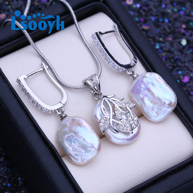 LSOOYH Natural Freshwater Big Baroque Pearl Necklace Square Pendant Fashion Drop Earrings For Women Pearl Jewelry Sets