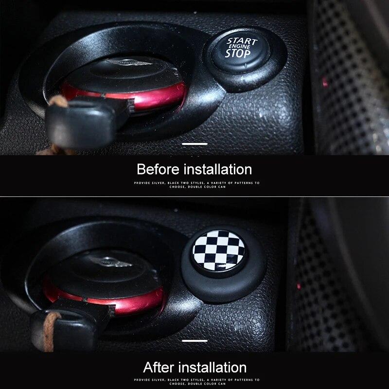 Одна кнопка «Пуск», декоративная наклейка для автомобиля, серебристый и черный металлический материал, эпоксидная смола, узор для MINI COOPER R55 R56 R60 R61