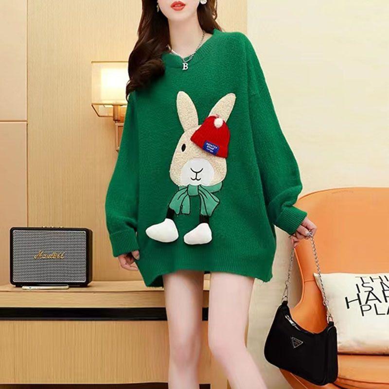 Женский свитер, пуловер, вязаный свитер с рисунком кролика, женский осенне-зимний свободный вязаный свитер с круглым вырезом, пуловер, женский топ