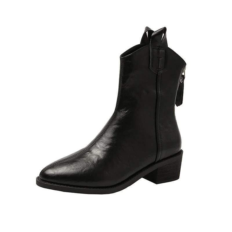 Французские кожаные короткие остроносые ботинки в стиле вестерн, женские туфли на среднем каблуке, облегающие, черные/коричневые, с застежкой-молнией сзади, размер 43