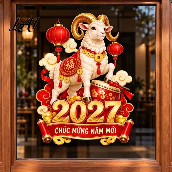 Auspicious Cloud And Lantern Decor 2027 Zodiac Sheep Sticker Vietnamese Happy New Year Static Window Non Adhesive Glass Clings Decal Removable