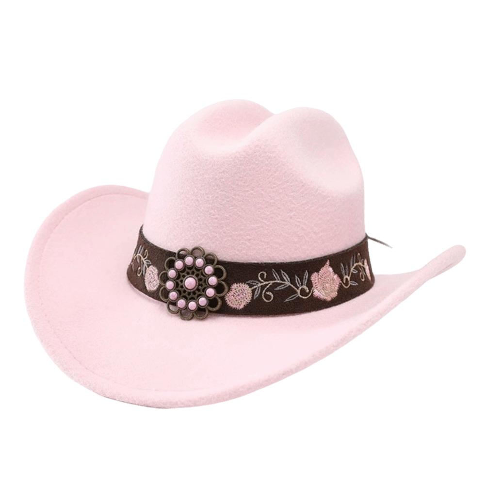 Soft Fedora Hat Floral Embroidery Sun Hat Vintage Felt Western Cowboy Hat Travel Outdoor
