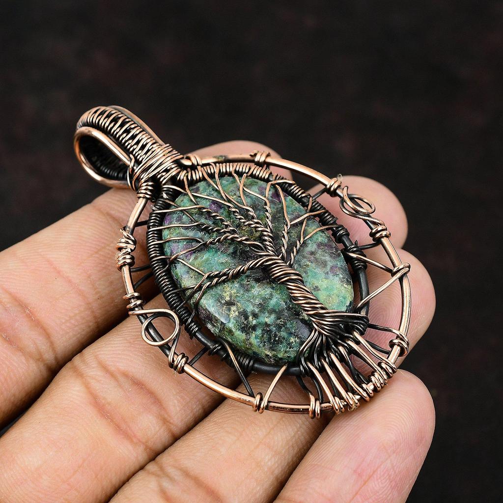 Дерево жизни рубиновый цоизит кулон медная проволока обернутый кулон драгоценный камень медные украшения ручной работы дизайнерский кулон подарок для женщин подарок для него