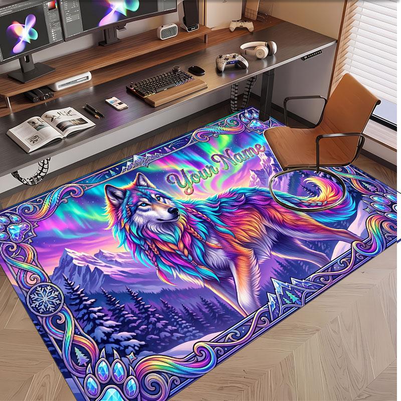Wolf Theme Soft Crystal Velvet Rug Custom Name & Text Print Non Slip Floor Rug for Bedroom Living Room