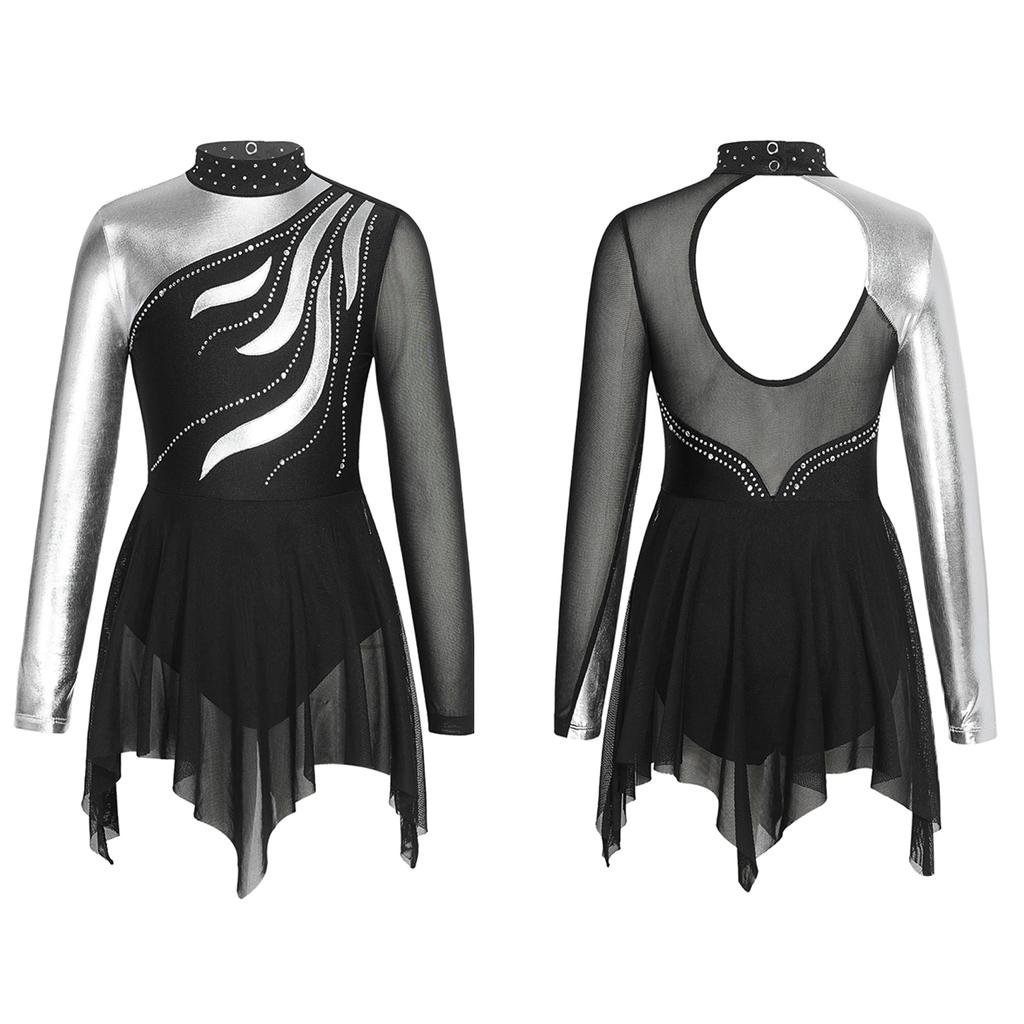 Детское стильное танцевальное платье для девочек с длинными рукавами и стразами, платье с открытой спиной для катания на коньках