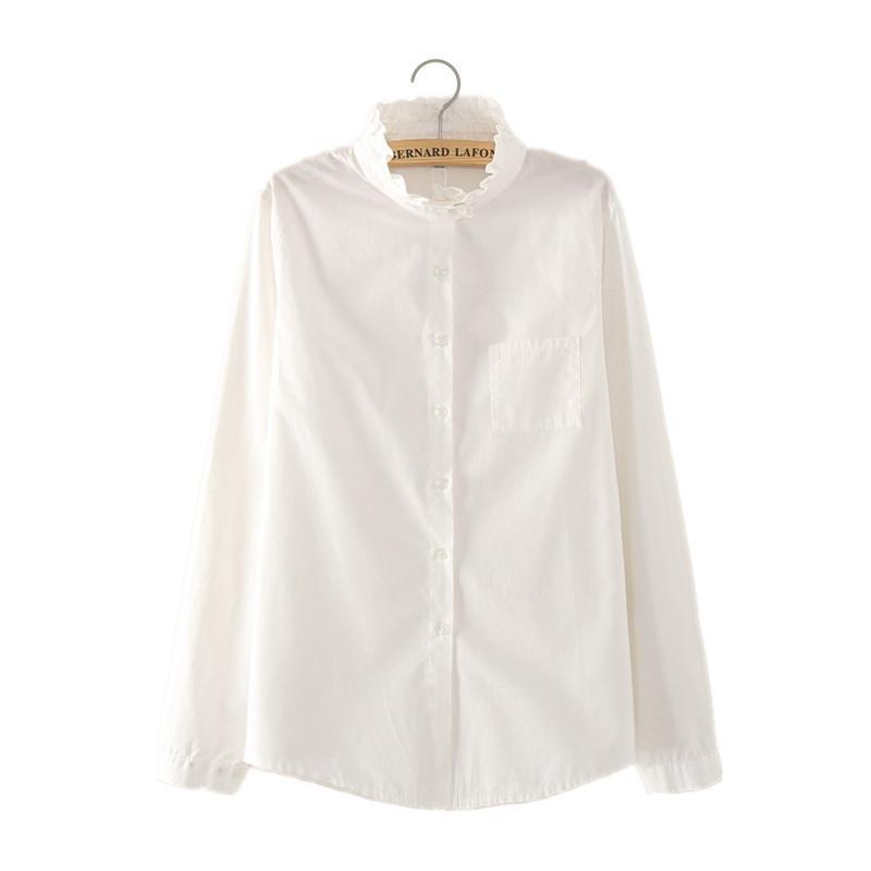 New Women's White Ruffle Edge Standing Collar Long Sleeved Professional Shirt Women's Loose Top
