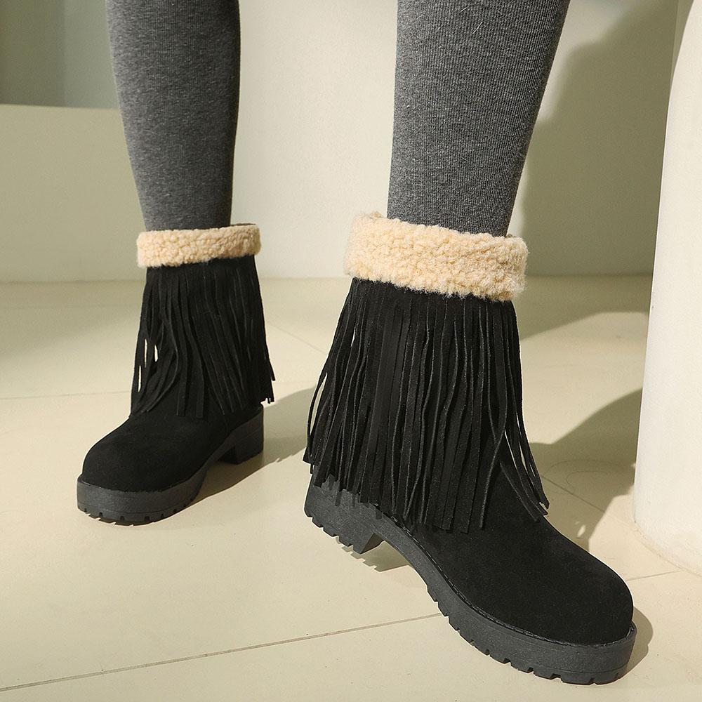 Women's Plus Size 48 Fringe Ankle Boots Round Toe Fleece 4cm Block Heels Thick Sole Western Retro Winter Warm Short Boots Shoes