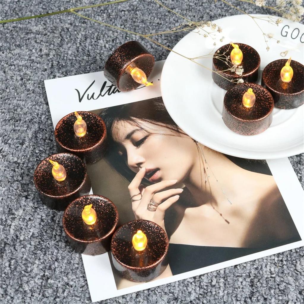 12 шт. Чайные свечи Хэллоуин Рождество День благодарения Беспламенные светодиодные свечи 1,4 дюйма Мерцающие янтарные Праздничный декор Работают от батареек