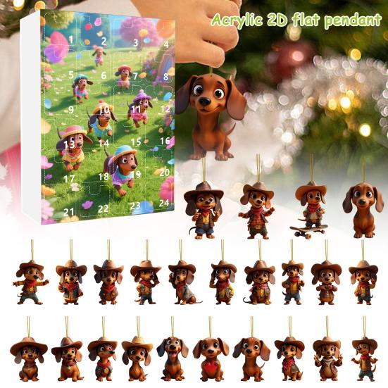 Календарь ожидания Рождества с собакой таксой 2025 24 дня Календарь обратного отсчета до Рождества с 2D акриловыми подвесными украшениями в виде таксы для декора елки