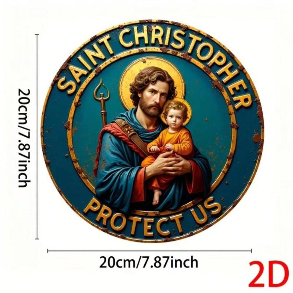 St Christopher Medal Tin Sign Religious Wall Decor Vintage Blue Gold Circular