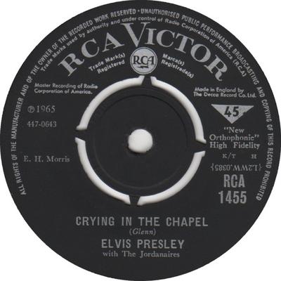 7-дюймовая пластинка ЭЛВИС ПРЕСЛИ, THE JORDANAIRES - Crying In The Chapel RCA1455 RCA Victor 1965 Великобритания Рок Б/У