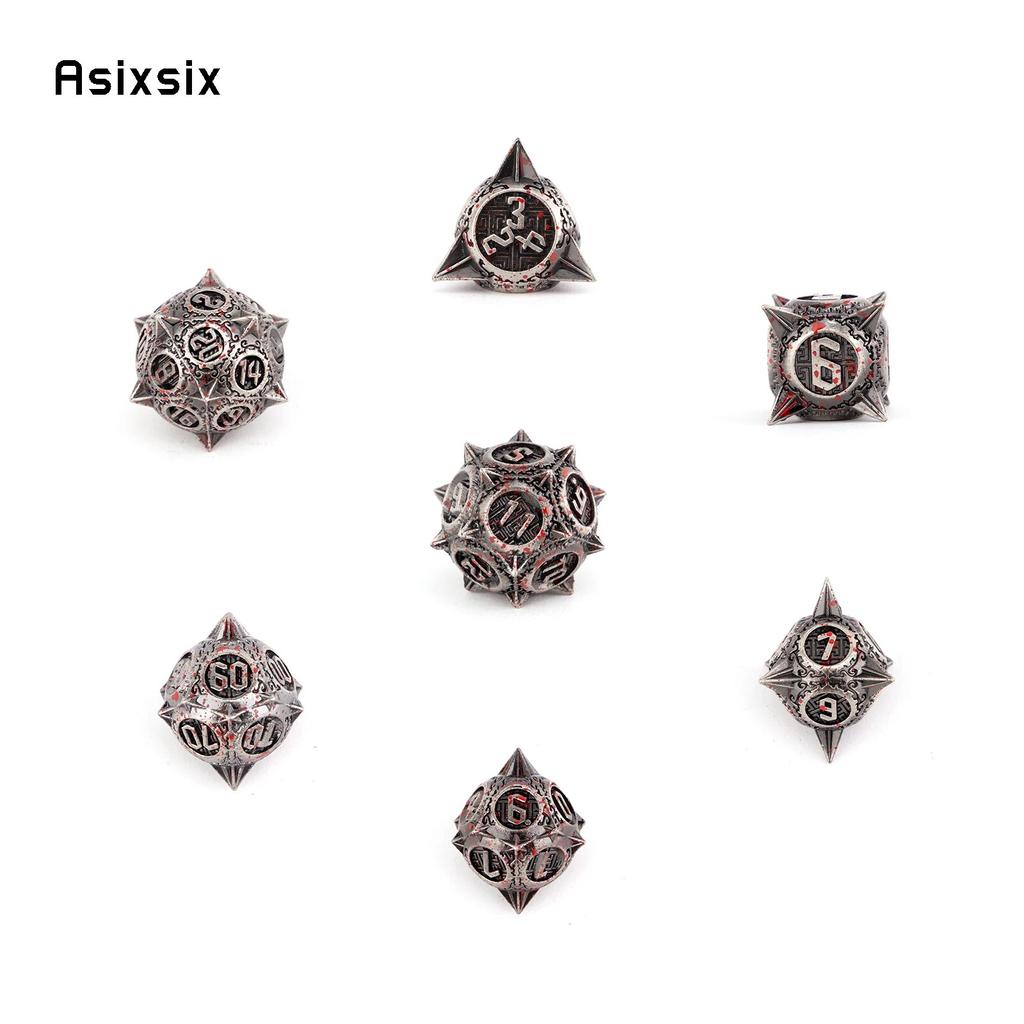 7 Pcs Silver Red Meteor Hammer Metal Dice Solid Metal Polyhedral Dice Set Suitable for Role-Playing RPG  Board Game Card Game