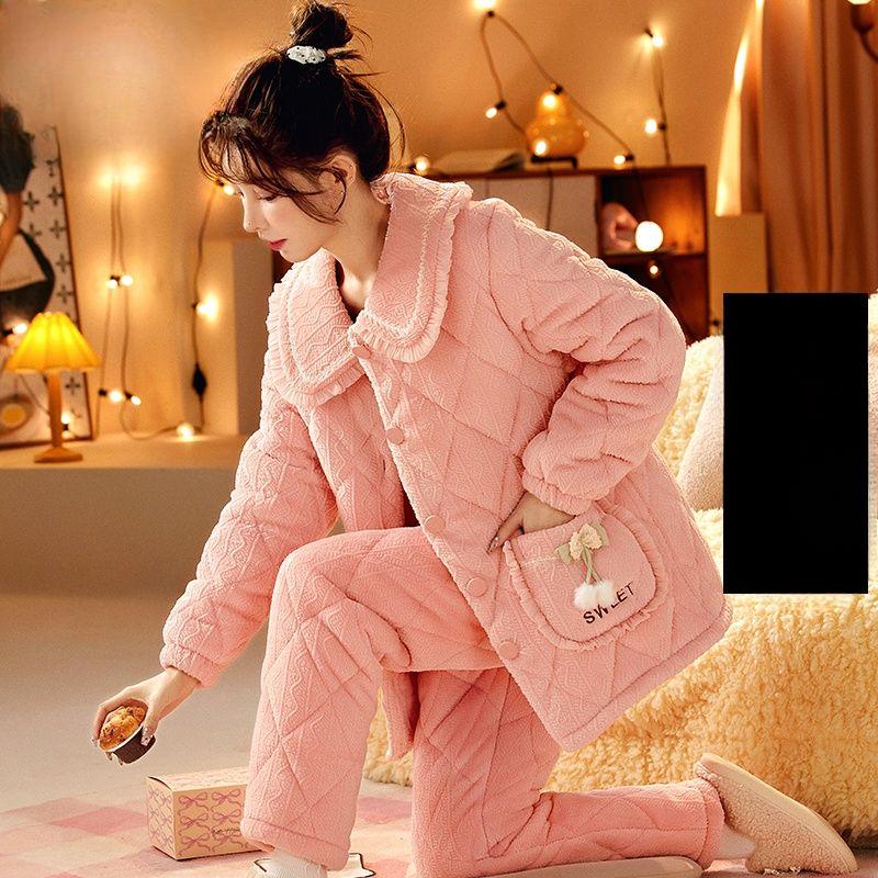 Коралловая бархатная пижама женская зимняя трикотажная стеганая куртка из толстой фланели корейский кашемировый женский комплект домашней одежды можно носить на улице