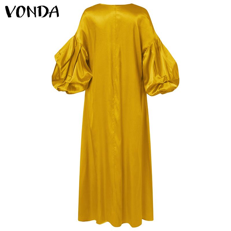 VONDA Весеннее женское элегантное вечернее платье макси с пышными рукавами и глубоким V-образным вырезом, однотонное повседневное свободное длинное платье размера плюс