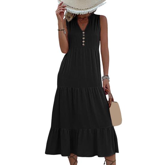 Женское летнее платье с V-образным вырезом без рукавов в стиле пэчворк, трапециевидный подол, чистый цвет, декор на пуговицах, большие качели, мягкое платье до середины икры для отдыха, пляжное платье миди